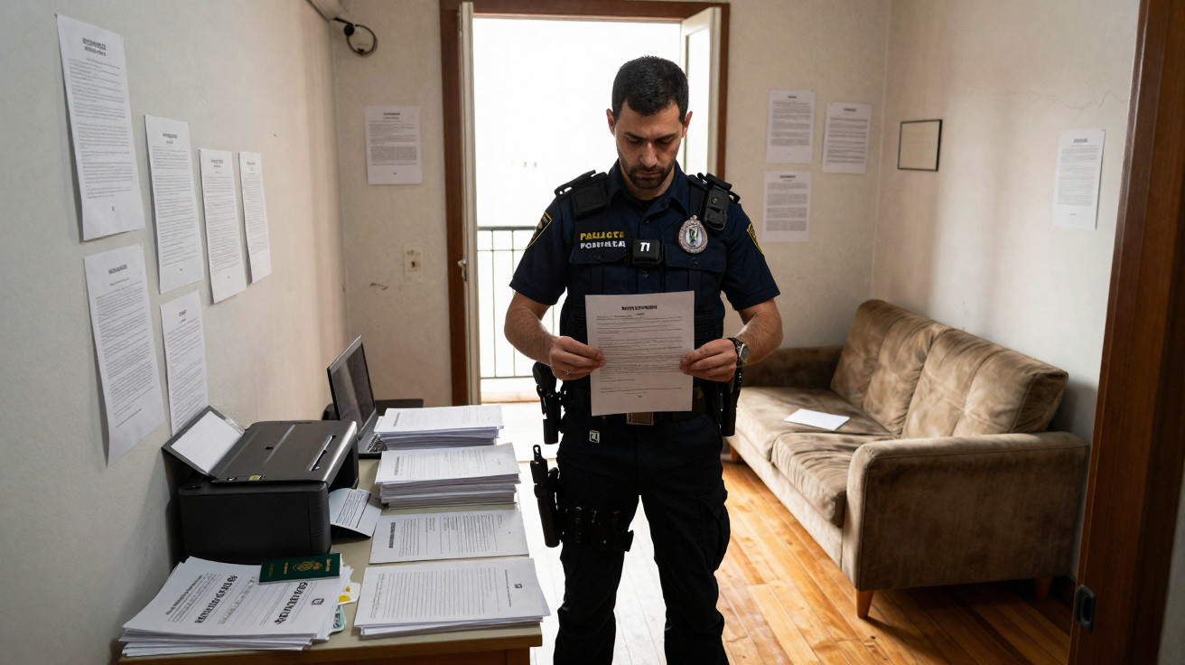 Polícia em uniforme lendo documentos dentro de uma sala com mesa, sofá e papéis afixados nas paredes.