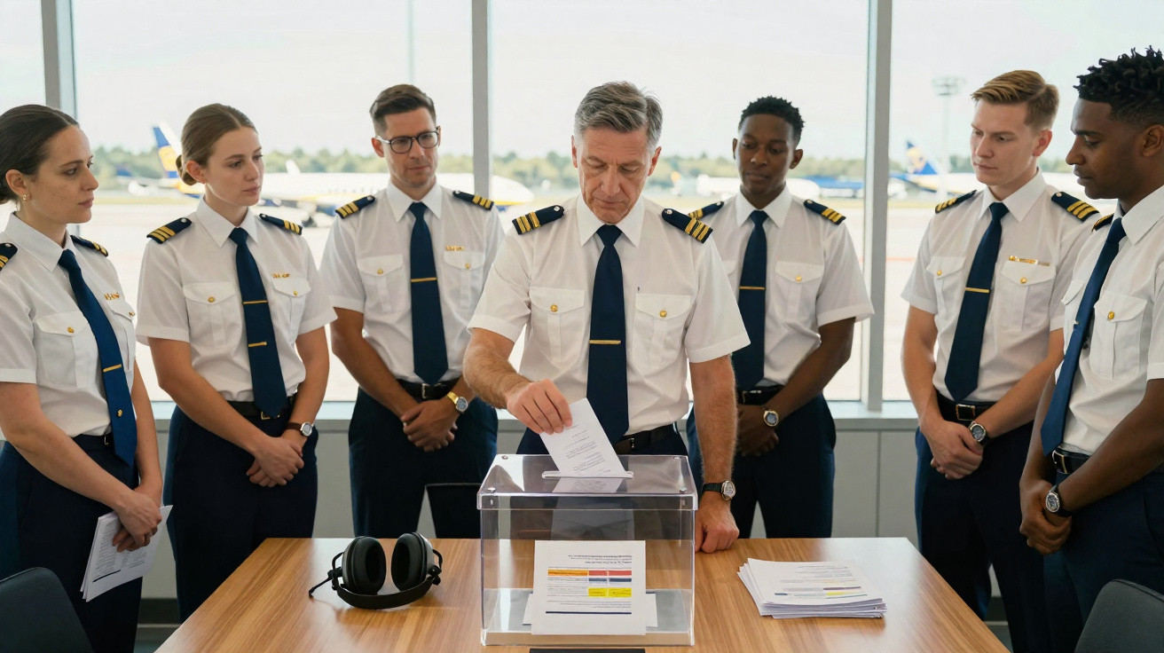 Pilotos de avião em uniforme a votar numa caixa transparente numa sala com vista para o aeroporto.
