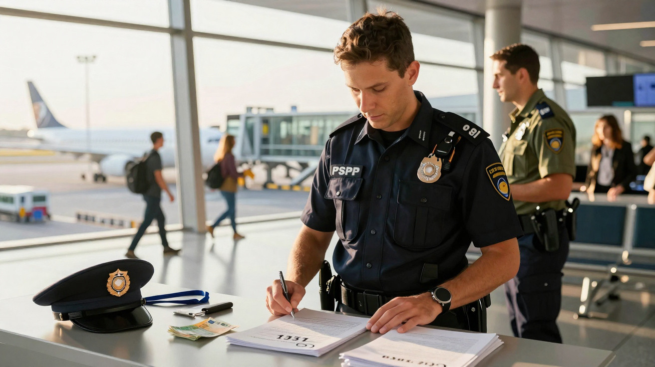 Polícia no aeroporto registando documentos sobre mesa com dinheiro e chapéu policial.
