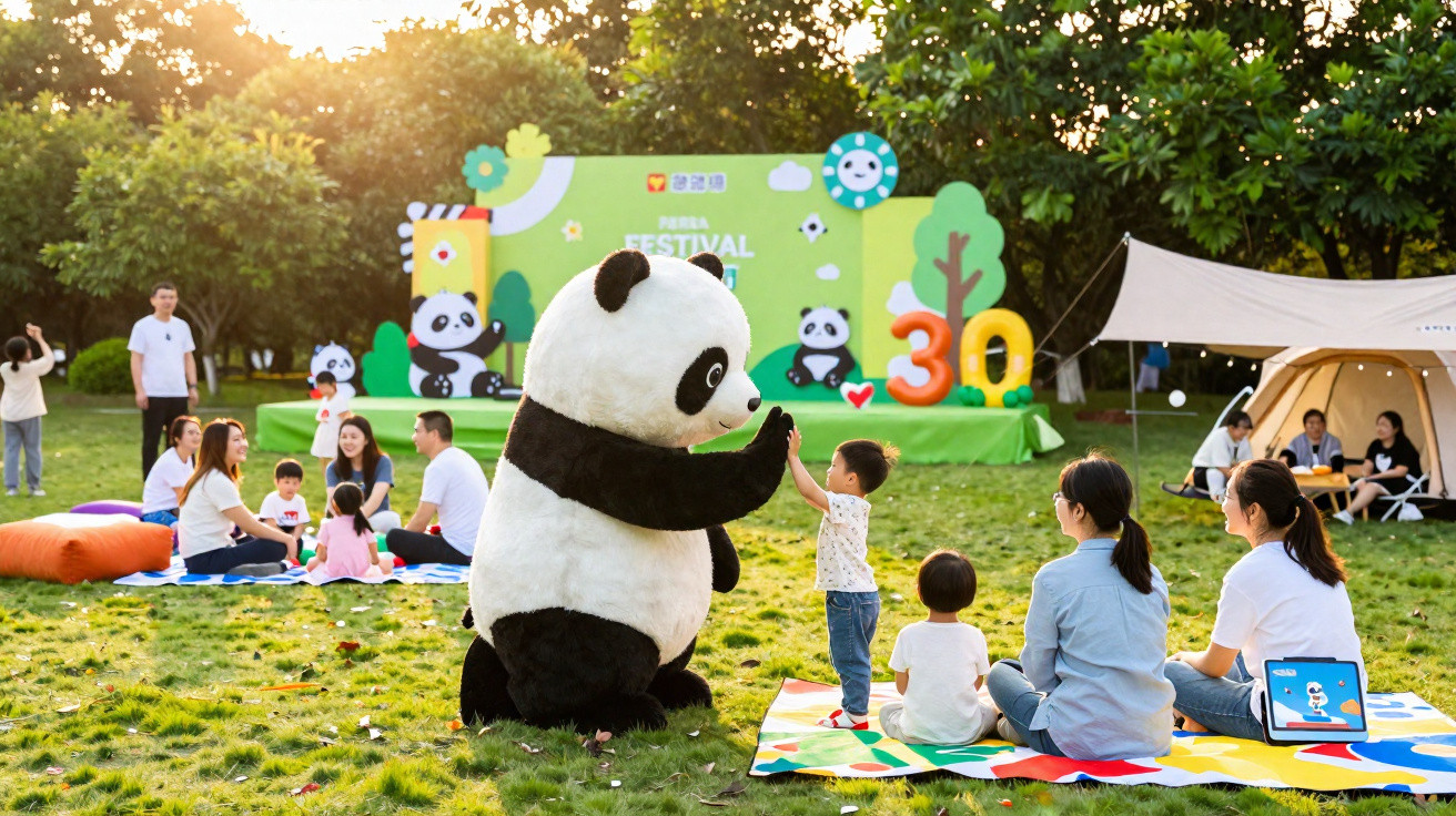 Criança faz high five a mascote panda num festival ao ar livre com famílias sentadas em mantas coloridas.