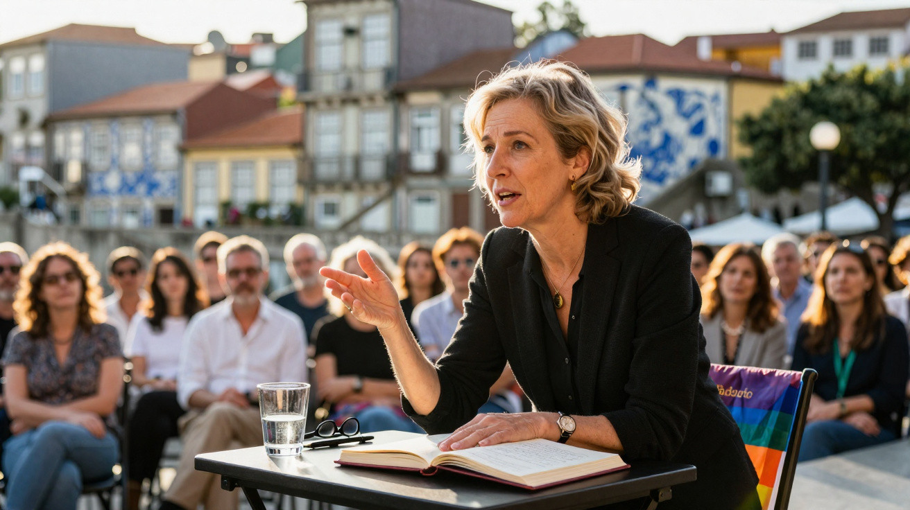 Mulher a falar ao público numa leitura ao ar livre, com livro aberto e copo de água na mesa.