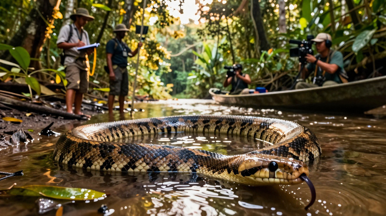 Cobra grande em riacho com investigadores e cineastas a observar e filmar na floresta.