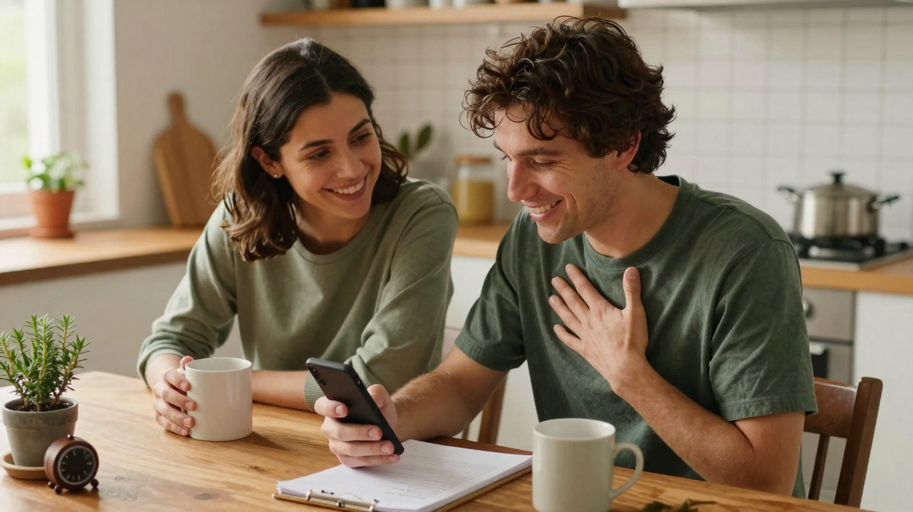 Casal sorridente a conversar na cozinha, com chávenas e telemóvel numa mesa de madeira.
