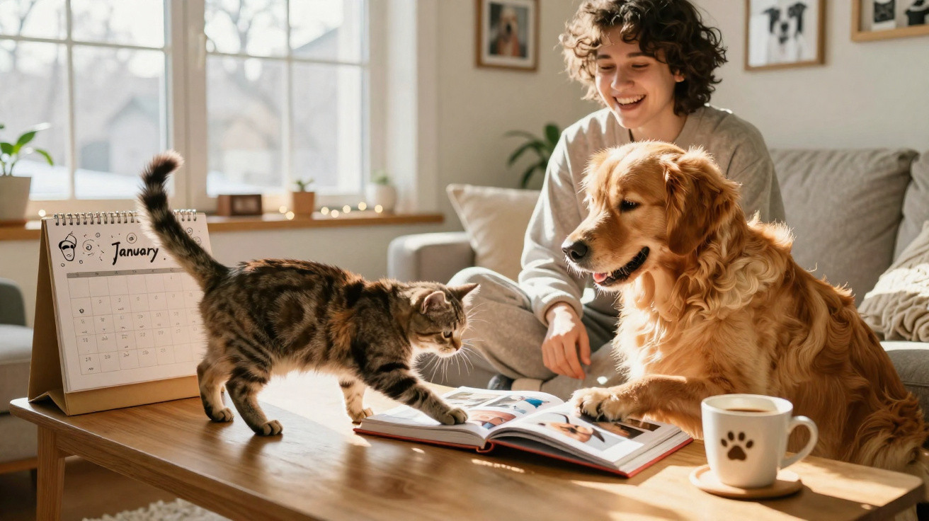 Pessoa sorridente sentada no sofá com cão e gato a explorar um livro aberto numa mesa de madeira.