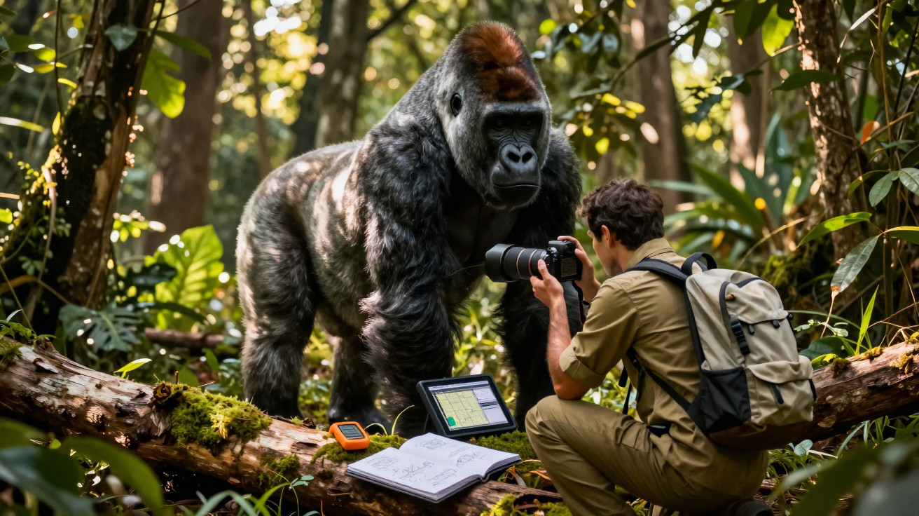Fotógrafo com mochila tira fotos de um gorila numa floresta, rodeado por equipamentos e plantas.