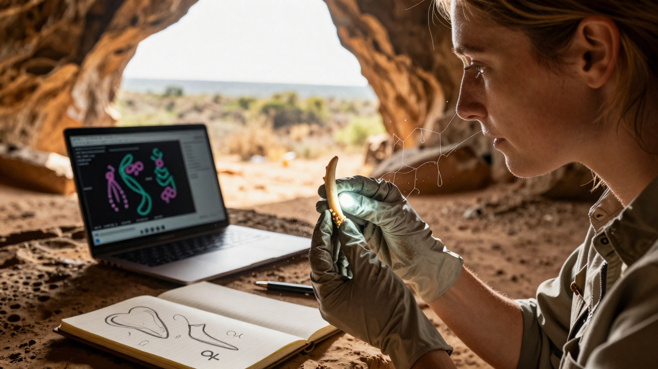 Mulher a analisar osso antigo com luvas, laptop e caderno com desenhos num ambiente de caverna.