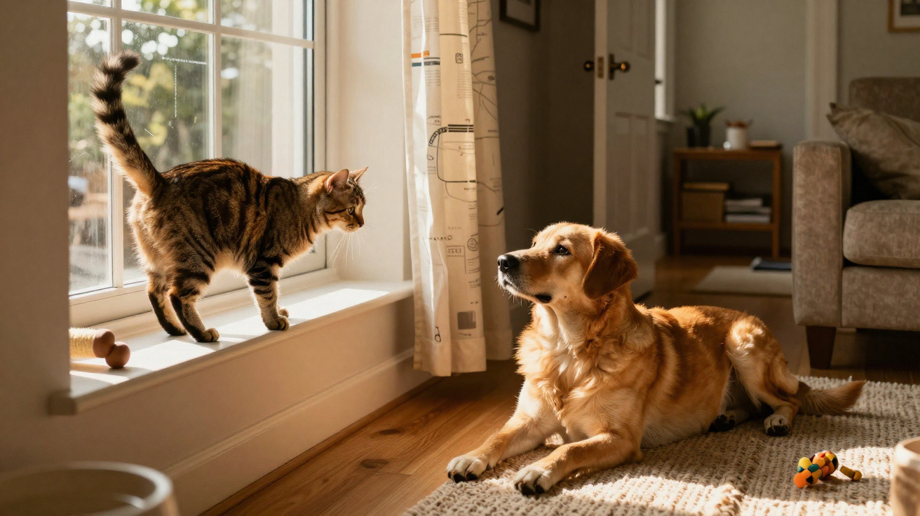 Gato em parapeito de janela face a cão deitado em tapete num ambiente acolhedor e iluminado.