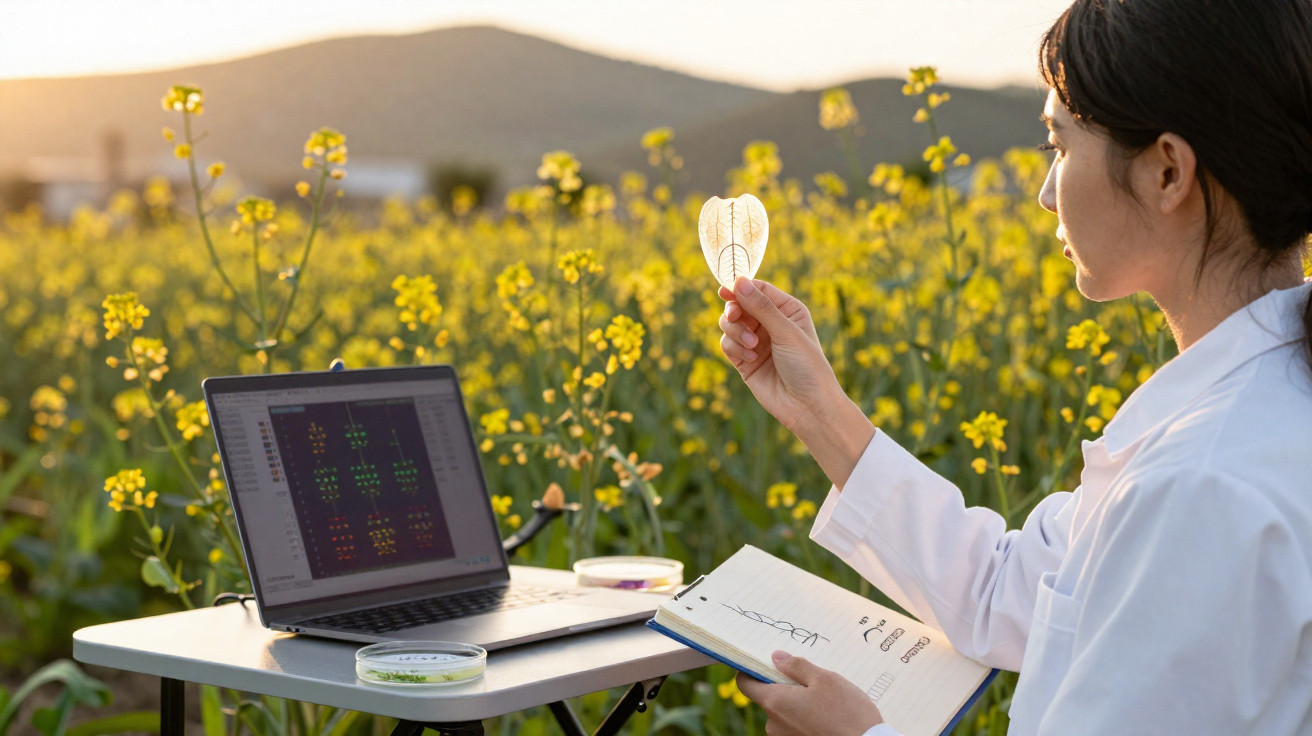 Mulher cientista a analisar amostra de folha no campo com computador e caderno junto a plantações amarelas.