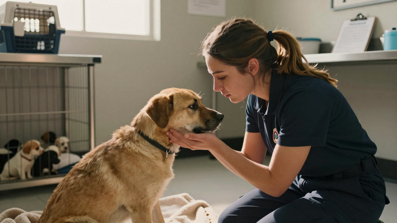 Veterinária a confortar cão adulto num consultório, com cachorros ao fundo numa jaula.
