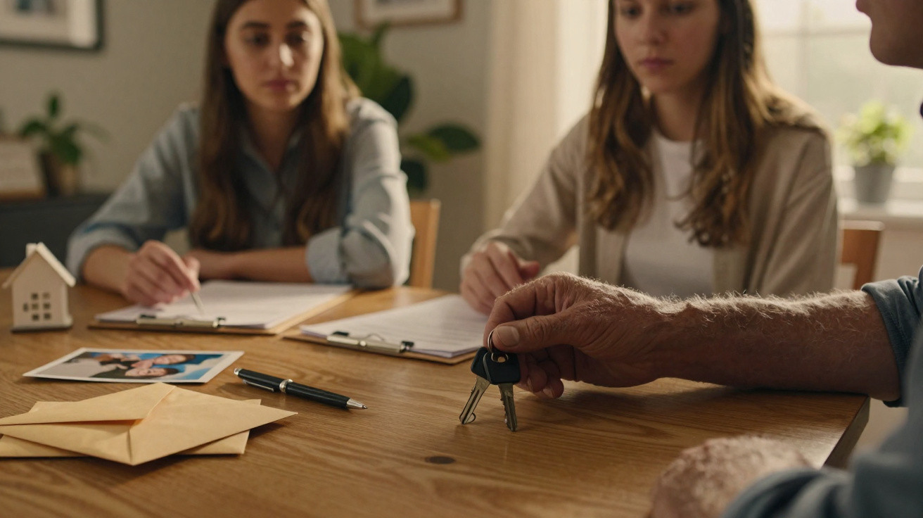 Mesa com documentos, duas mulheres a analisar papéis e um homem a entregar chave de casa.