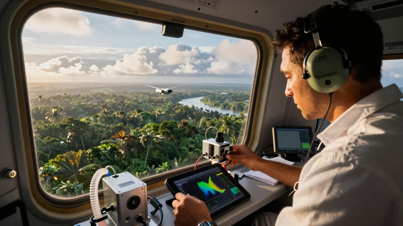 Homem com auscultadores a operar equipamento científico numa cabine de avião com vista para floresta densa e rio.