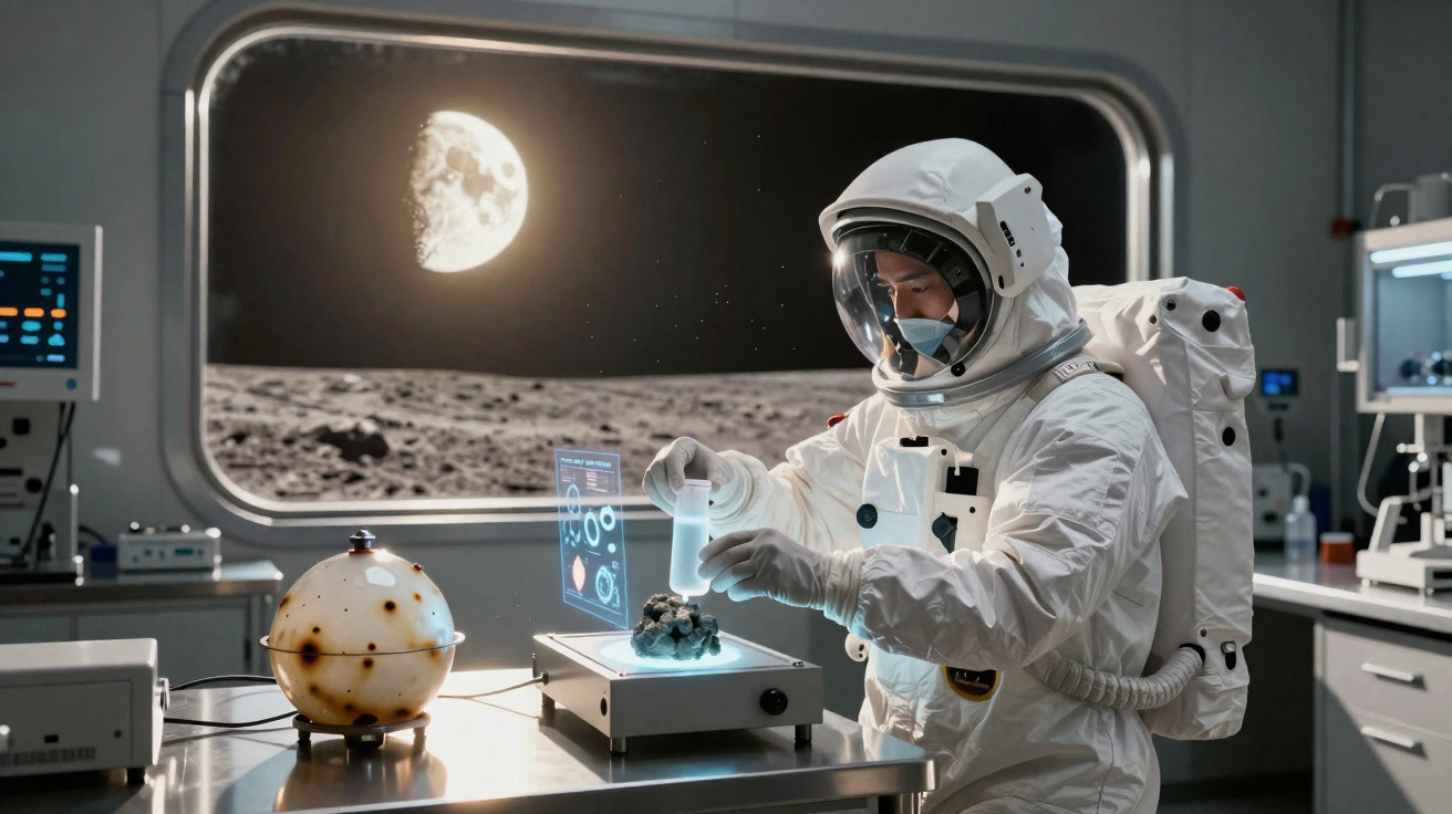 Astronauta com máscara facial analisa amostra em laboratório lunar, com a Lua visível pela janela.