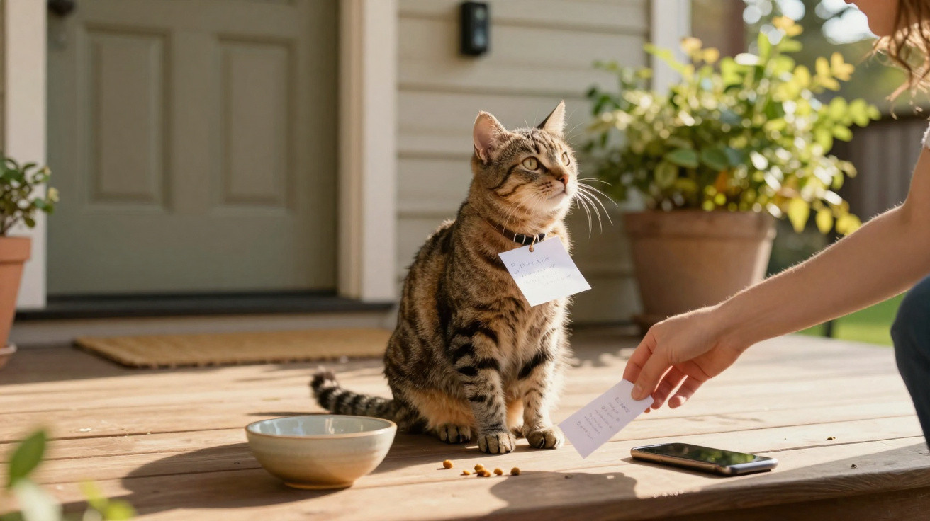 Gato com uma nota ao pescoço sentado no chão de madeira, perto de uma tigela e de uma mão humana a entregar papel.