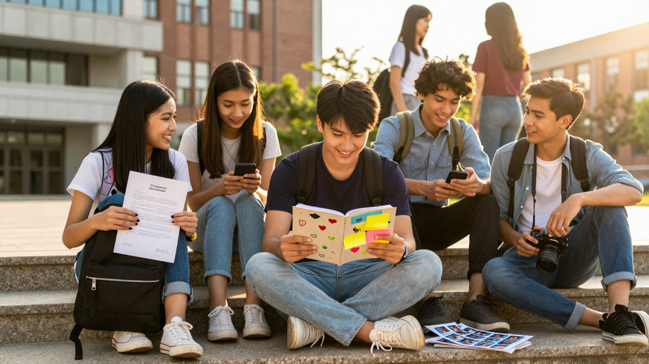 Grupo de jovens estudantes sentados nos degraus de uma escola, a sorrir e usar telemóveis.