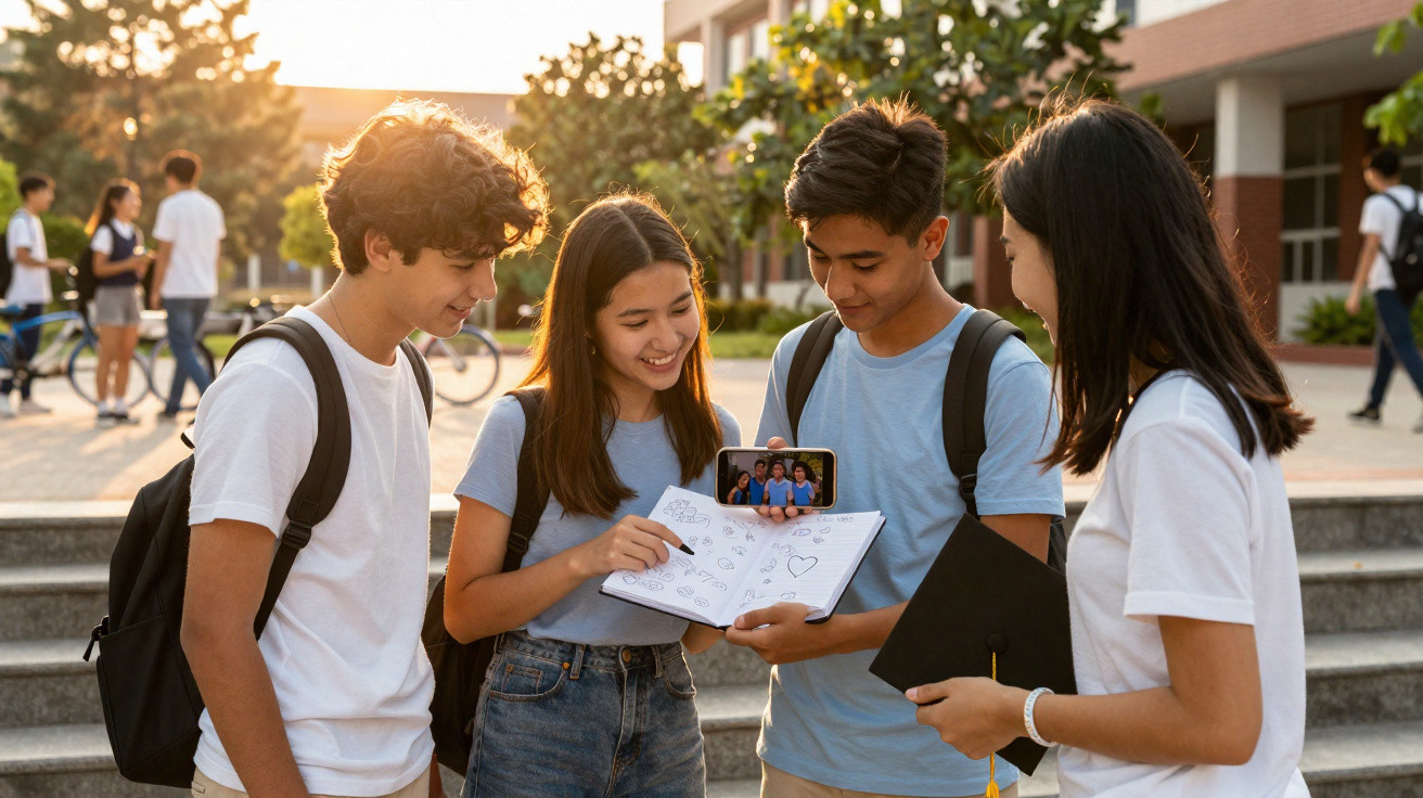 Grupo de quatro estudantes sorridentes com mochilas olha para um telemóvel e caderno ao ar livre.