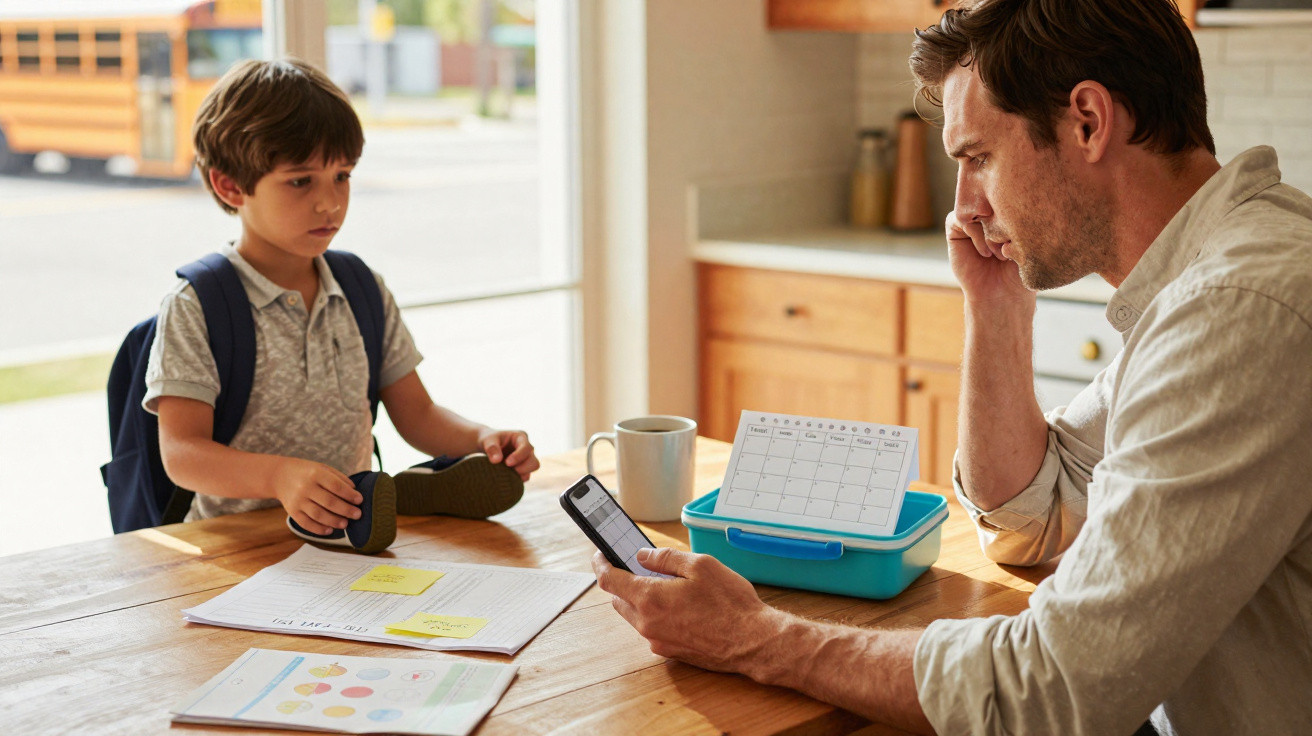 Pai preocupado a olhar para o telemóvel enquanto o filho com mochila está sentado à mesa com material escolar.