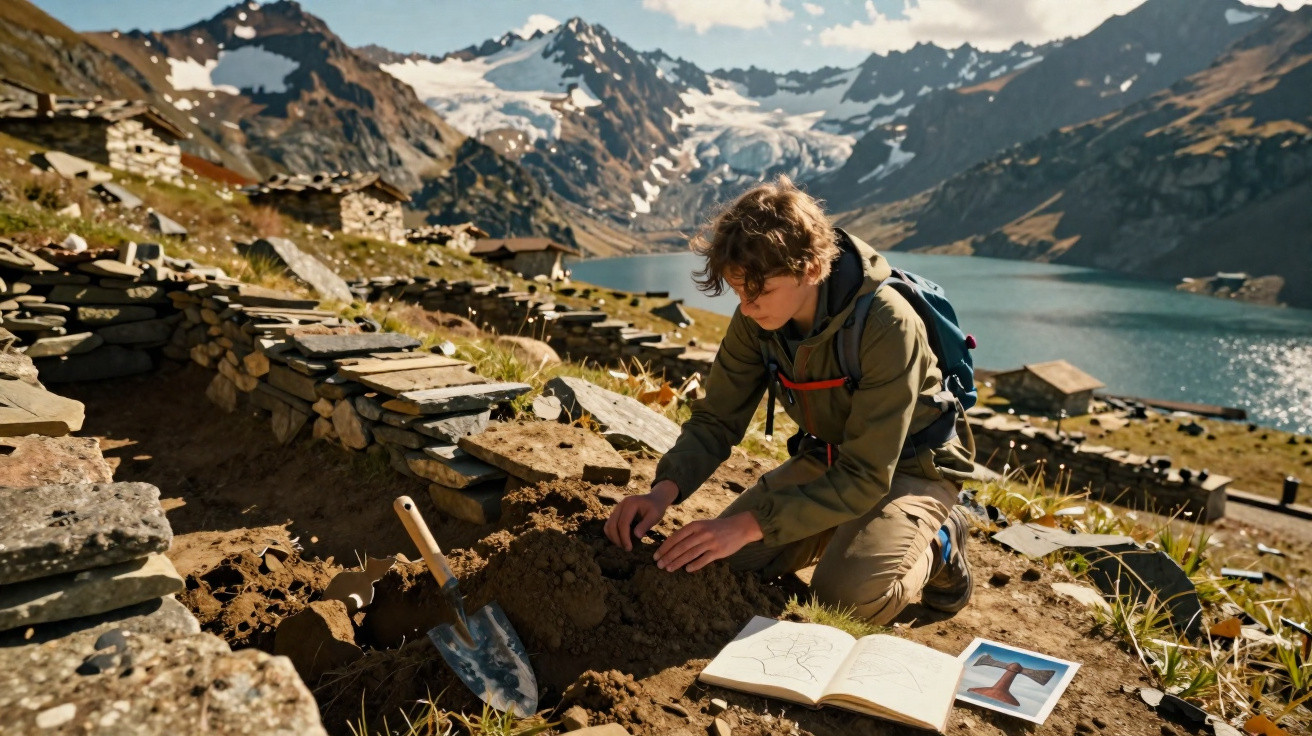 Jovem a escavar no solo montanhoso junto a um lago, com livro aberto ao lado e montanhas ao fundo.
