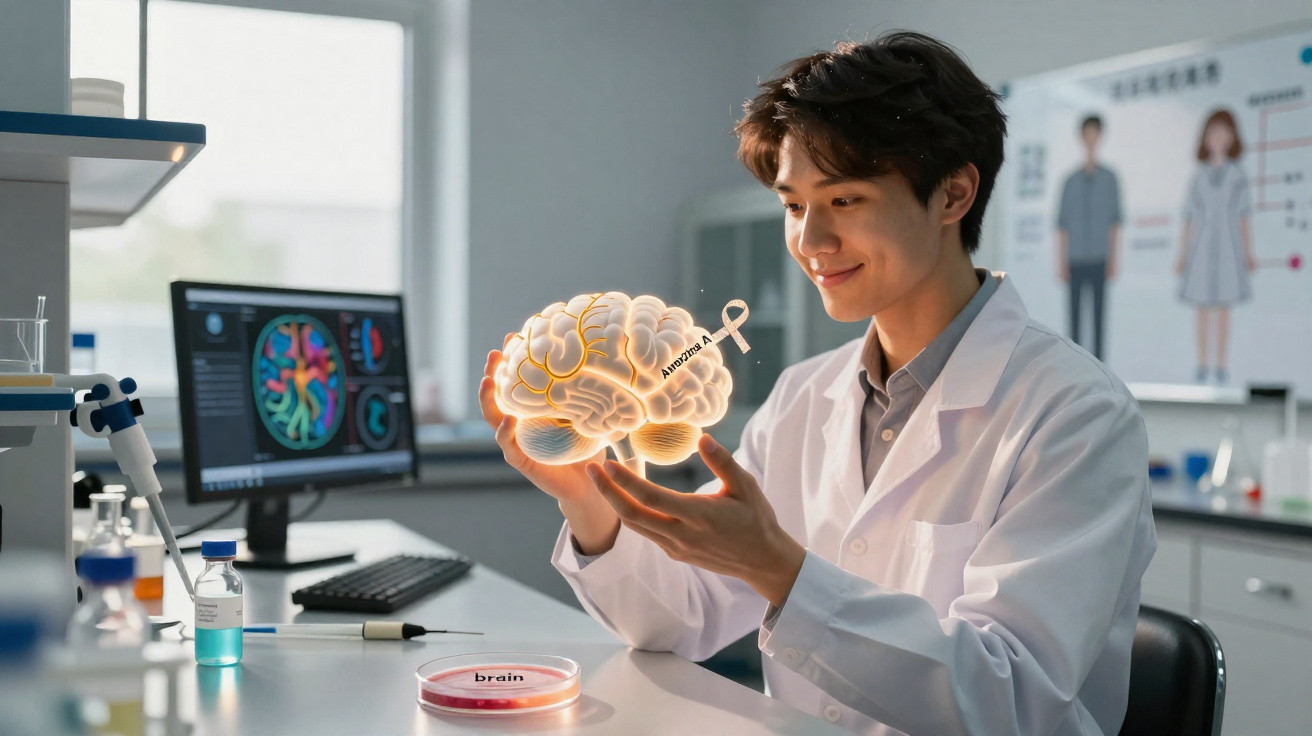Cientista a segurar um cérebro digital com fita de consciencialização do Alzheimer num laboratório moderno.
