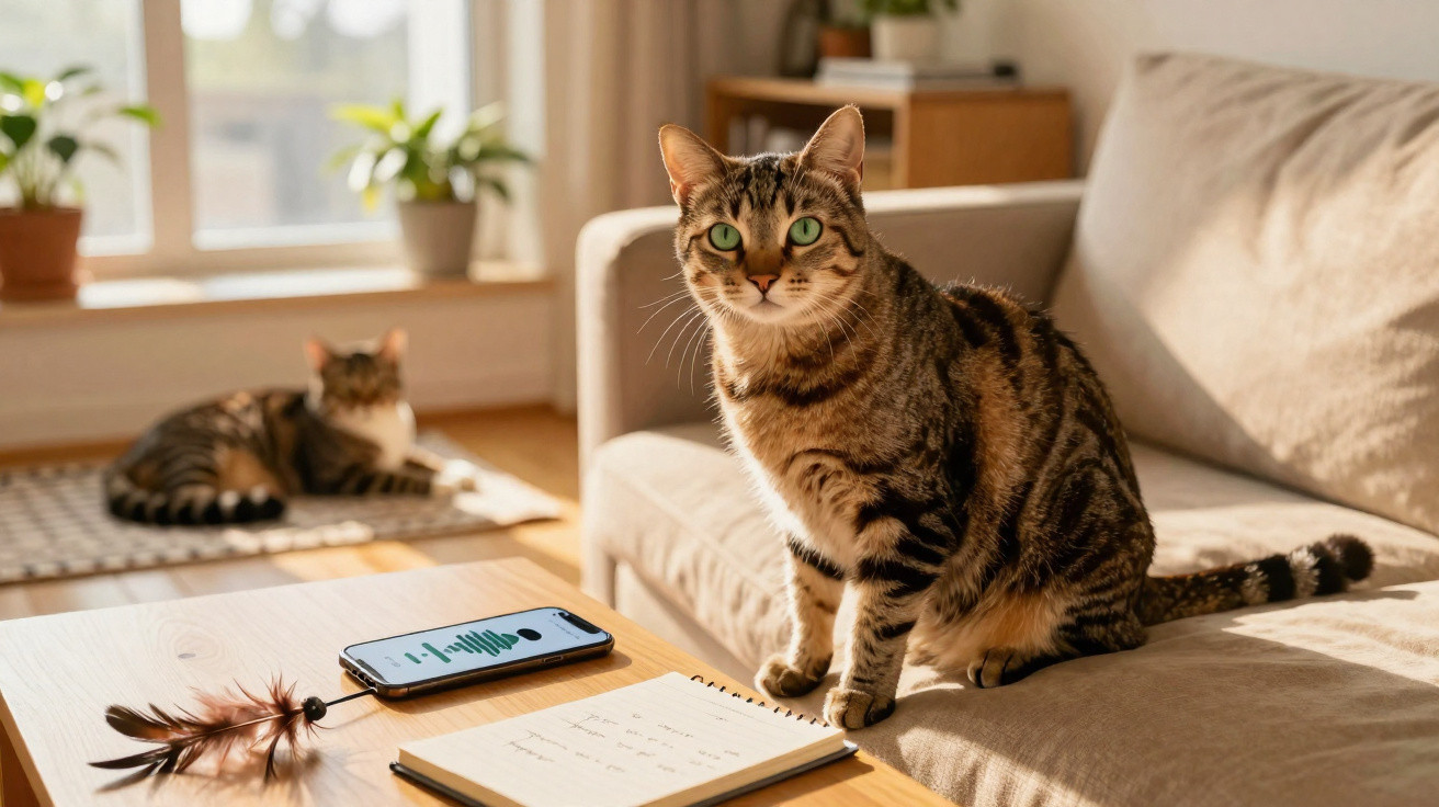 Dois gatos tigrados numa sala iluminada, um no sofá e outro no chão junto à janela.