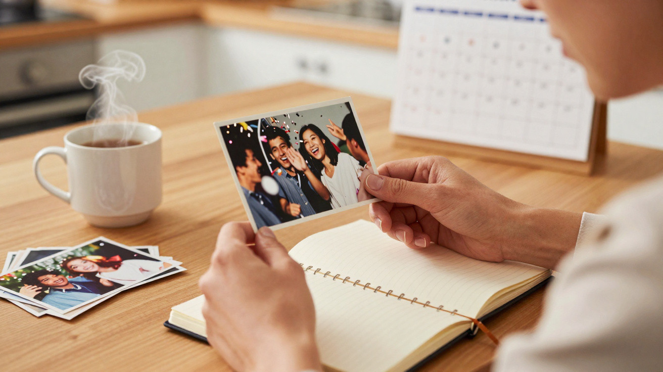 Pessoa a segurar fotografia de um grupo de amigos a celebrar, com caderno aberto e chá quente na mesa.