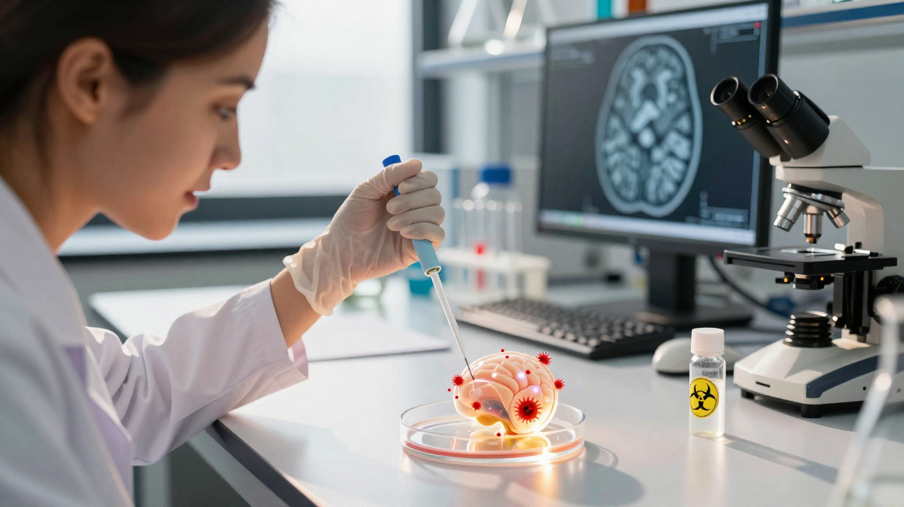 Cientista em laboratório analisa modelo de cérebro com vírus utilizando pipeta e microscópio ao fundo.