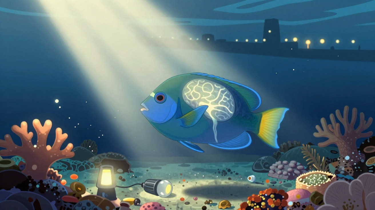 Peixe azul no fundo do mar com um cérebro iluminado, rodeado de corais e objetos subaquáticos.