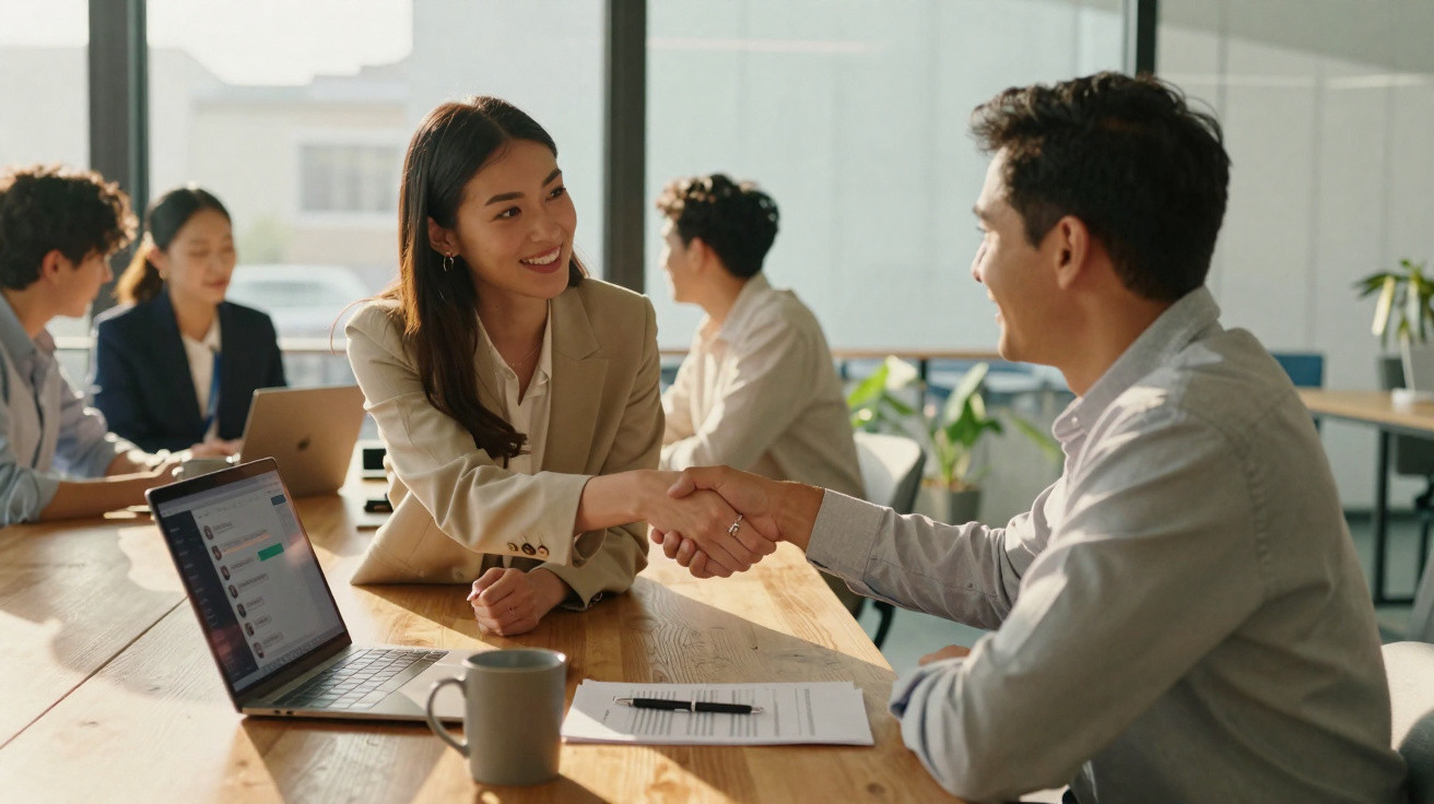 Duas pessoas a apertar as mãos numa reunião de trabalho, com outras duas pessoas a conversar ao fundo.