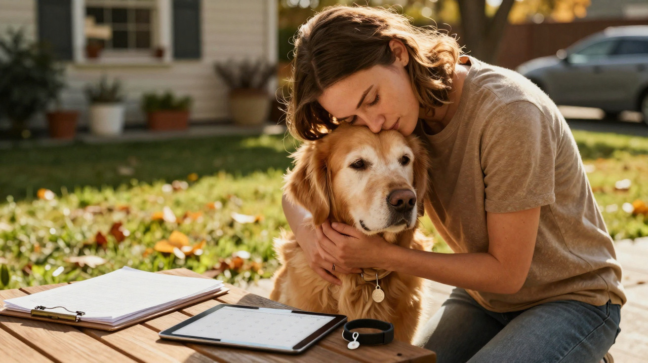 Pessoa acariciando um cão dourado sentado num jardim com mesa e tablet ao ar livre.