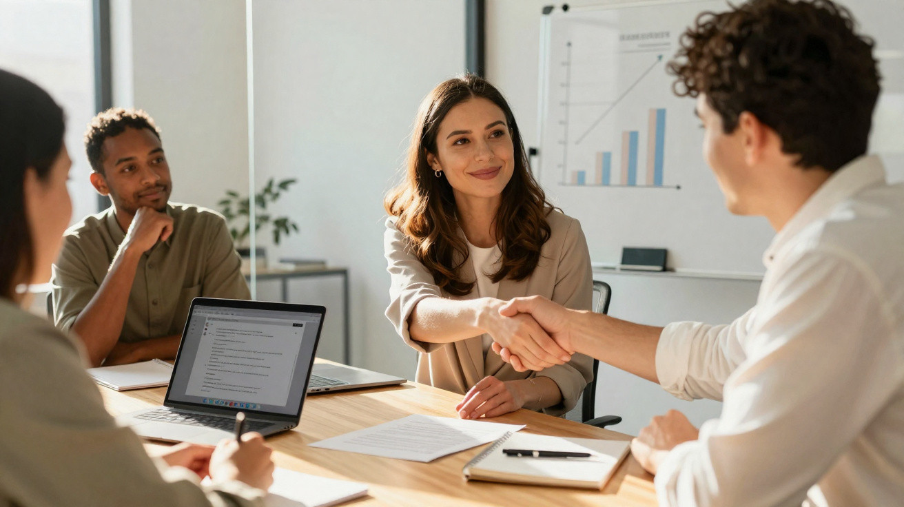 Duas pessoas a apertar as mãos durante reunião de trabalho com colegas e gráficos no fundo.