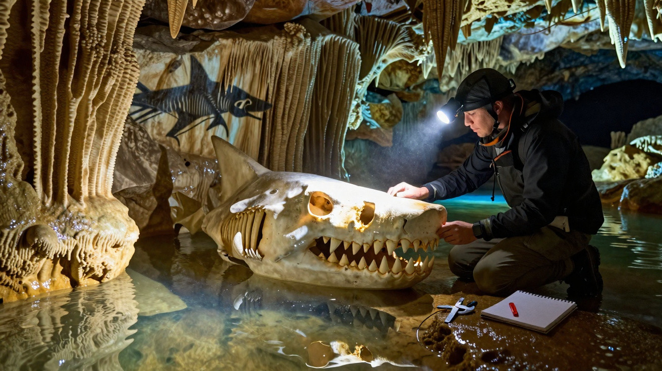 Homem com lanterna de cabeça estuda crânio de animal gigante numa caverna com estalactites e água.