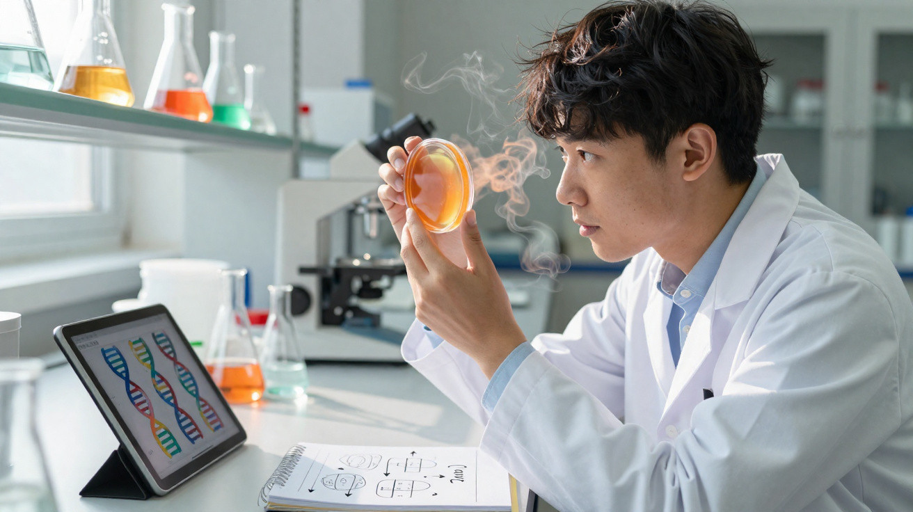 Cientista a observar uma placa de Petri com culturas, computador com imagens de DNA e cadernos num laboratório.