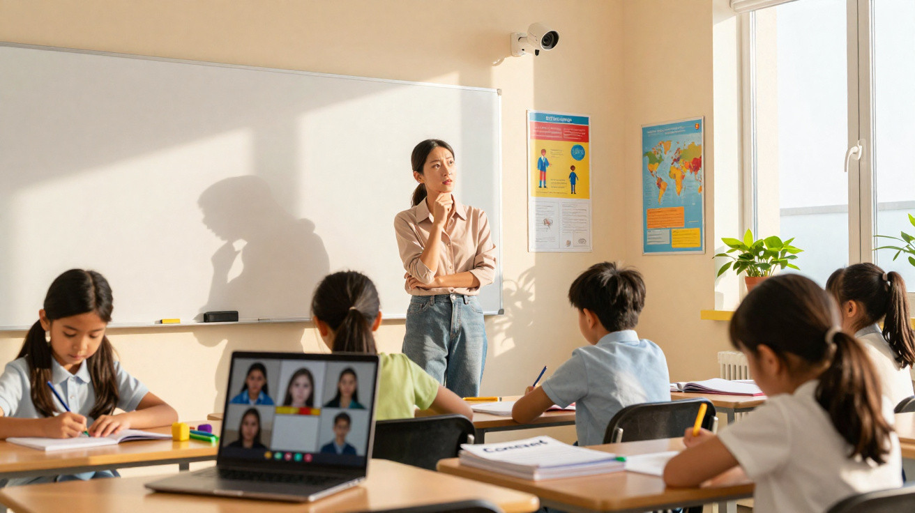 Professora a refletir diante de alunos que estudam numa sala iluminada com laptop em aula híbrida.