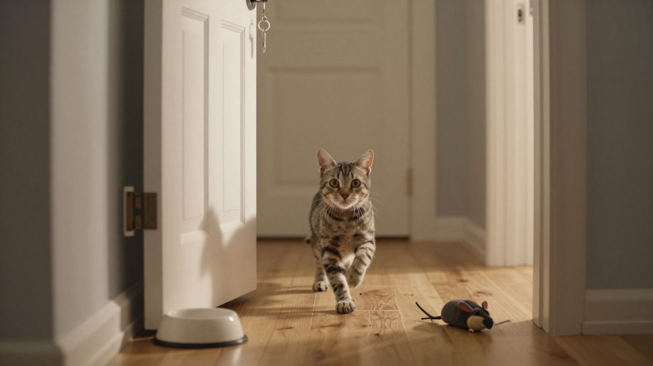 Gato malhado a andar num corredor interior com um brinquedo de rato e uma taça de comida no chão.
