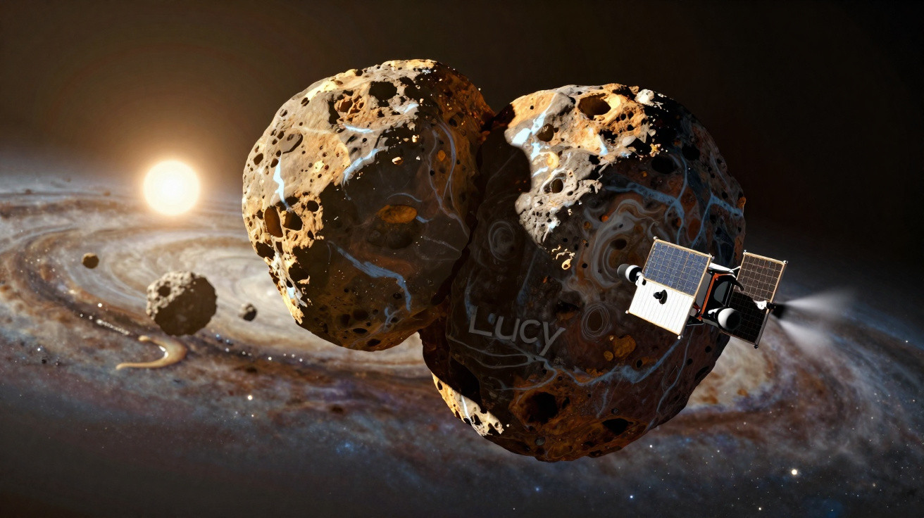 Sonda espacial a explorar um asteroide irregular com anéis planetários e uma estrela ao fundo no espaço.