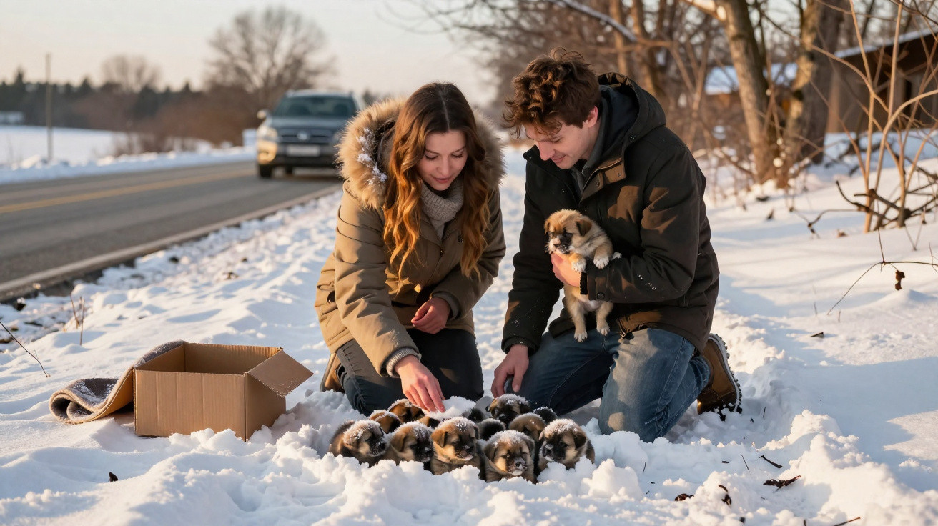 Um casal agachado na neve a brincar com uma ninhada de cachorros, com uma caixa de cartão ao lado.