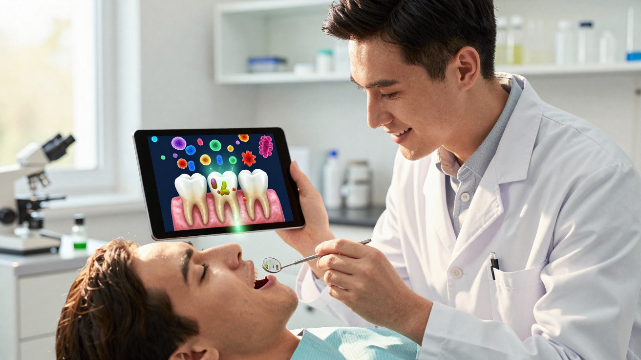 Dentista mostra a paciente imagem digital de cáries em dentes no consultório odontológico.