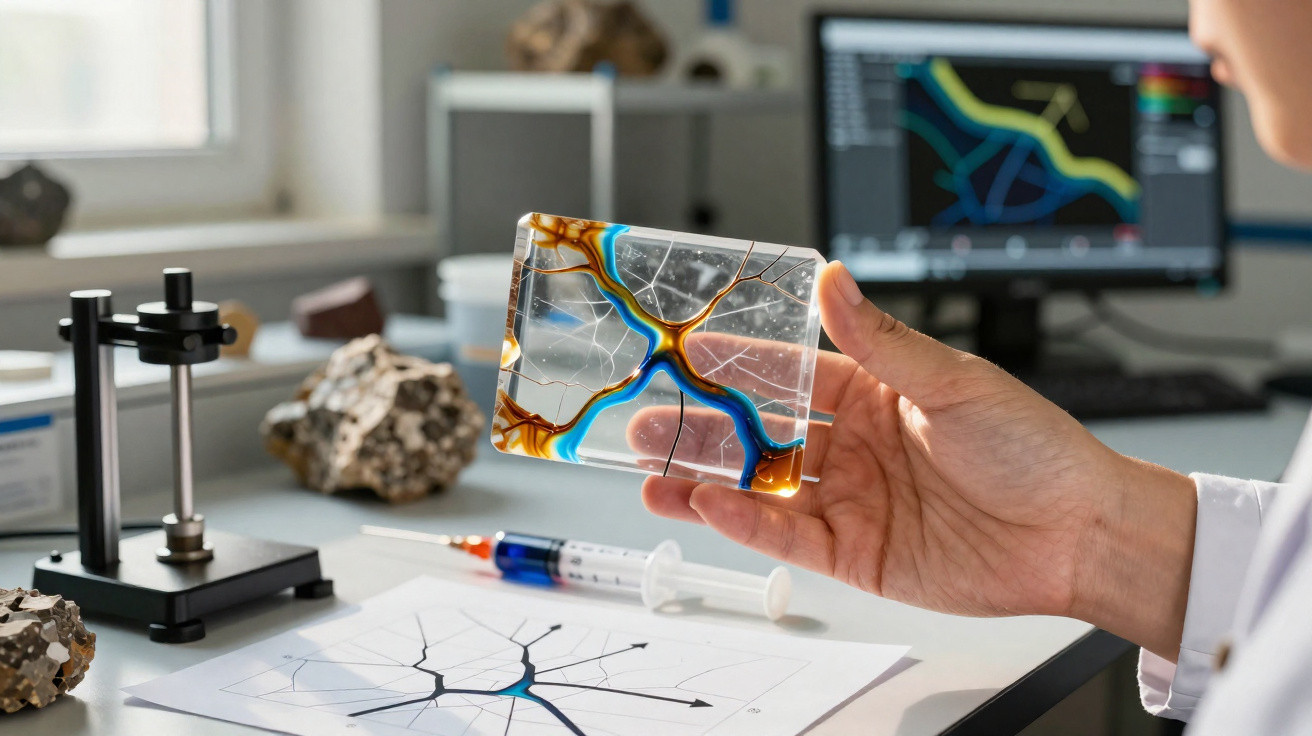 Mão segura placa transparente com padrões coloridos, ao lado de seringa e impressões de neurónios num laboratório.