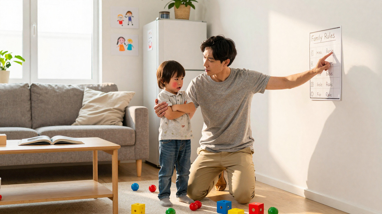 Pai a ensinar regras familiares ao filho na sala de estar com brinquedos espalhados pelo chão.