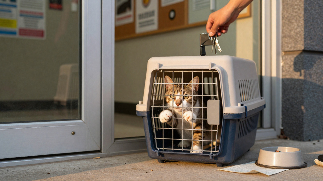 Gato dentro de transportadora para animais com mão a segurar chaves junto a porta fechada.