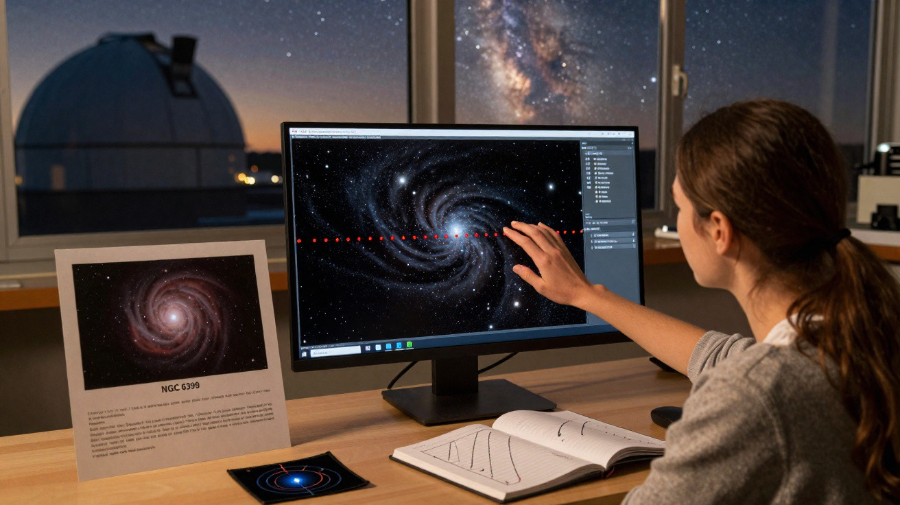 Mulher analisando imagem da galáxia em monitor de computador, com observatório e céu estrelado ao fundo.