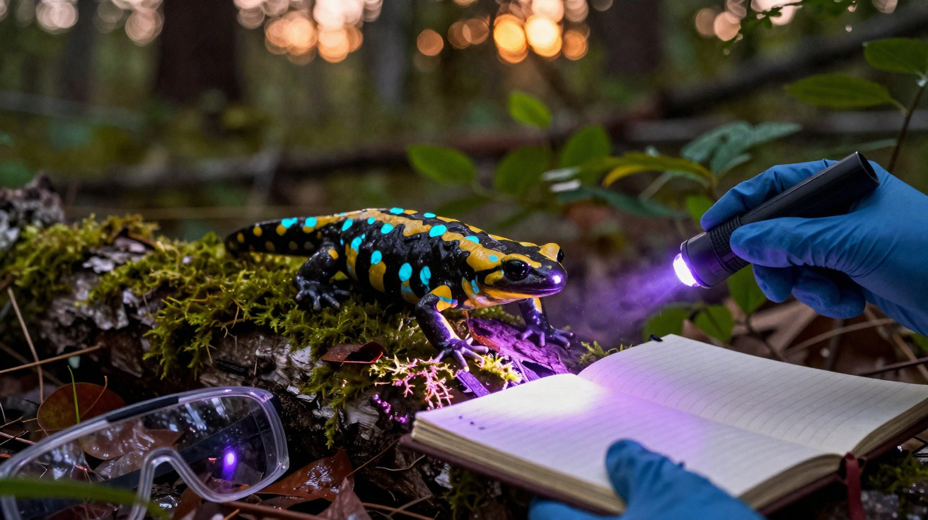 Salamandra colorida sobre musgo iluminada por lanterna UV em investigação de campo com caderno e luvas azuis.