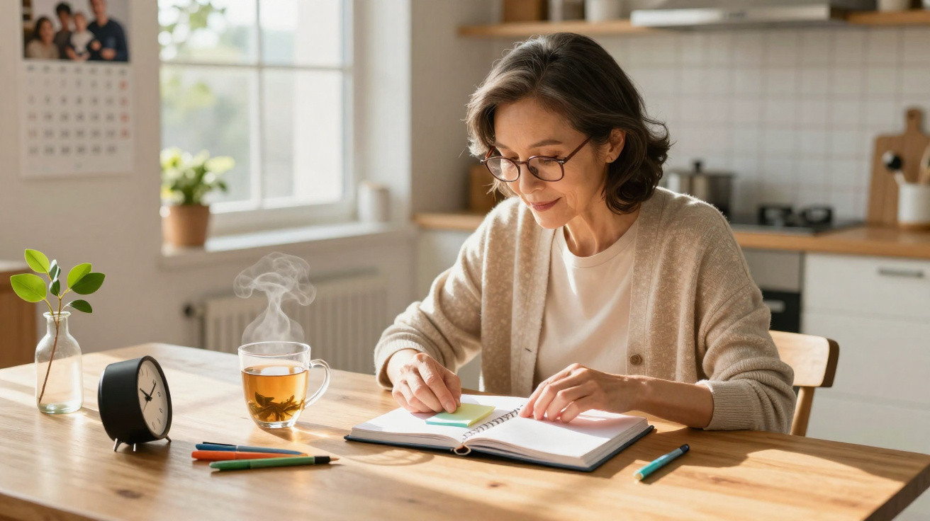 Mulher sentada à mesa, a organizar notas num caderno com chá quente e canetas coloridas à sua frente.