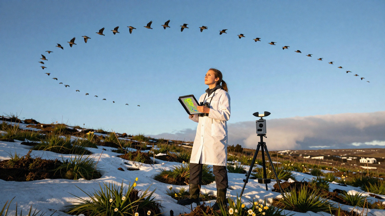 Mulher cientista com bata branca observa pássaros em formação no céu, segurando tablet numa paisagem com neve.