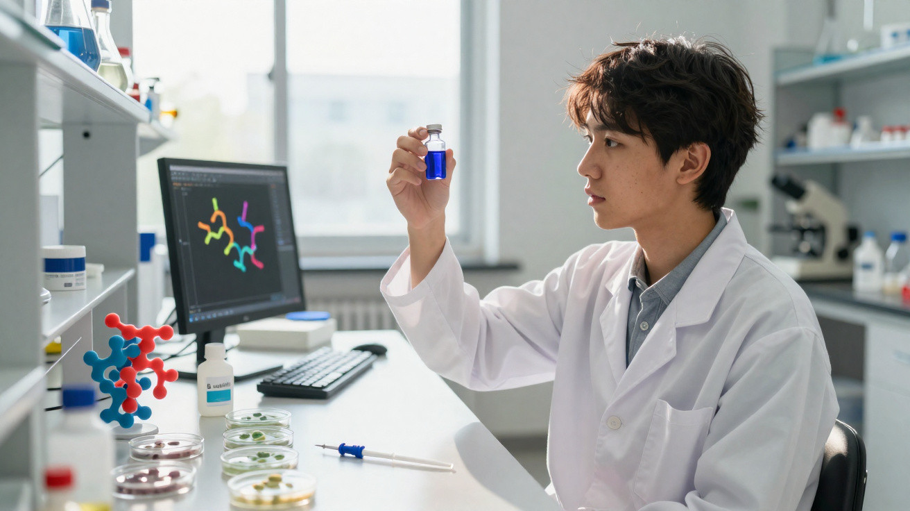 Cientista jovem a observar frasco com líquido azul num laboratório moderno com computador e material científico.