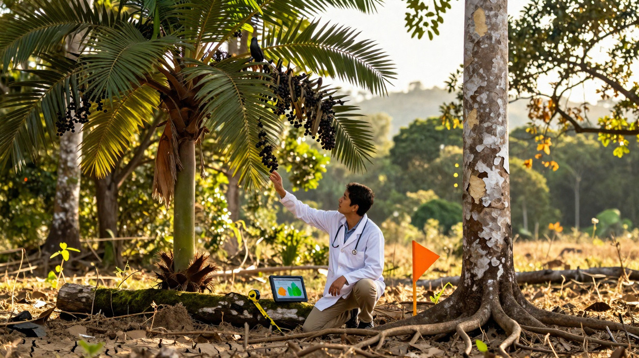 Cientista debruçado junto a palmeira, analisa frutos com laptop aberto em ambiente natural ao amanhecer.