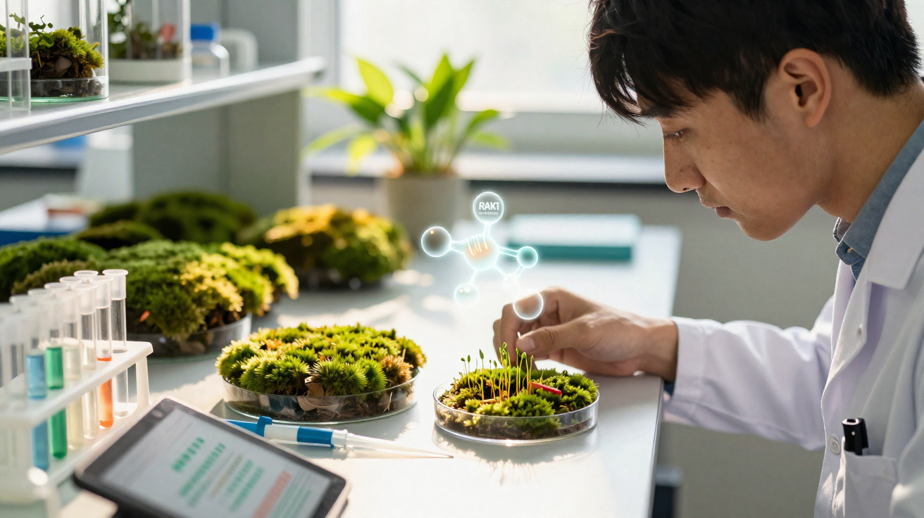 Investigador em laboratório a analisar plantas em placas de petri rodeado por tubos de ensaio e equipamento.