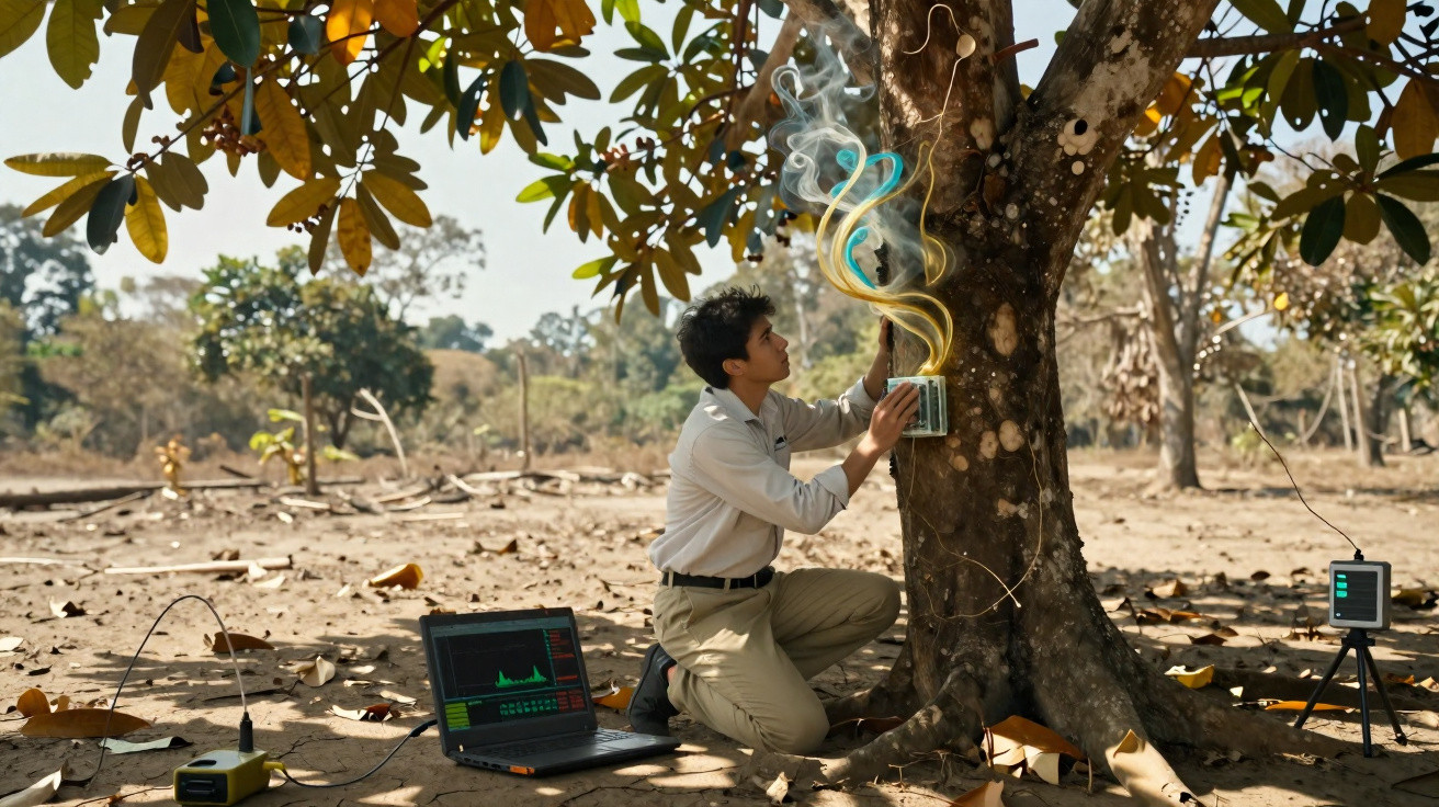 Homem recolhe amostra com fumo colorido numa árvore, com equipamento tecnológico no chão ao redor.