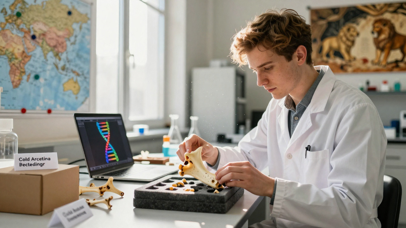 Jovem cientista em bata branca manuseia modelo ósseo em laboratório com laptop mostrando DNA na tela.