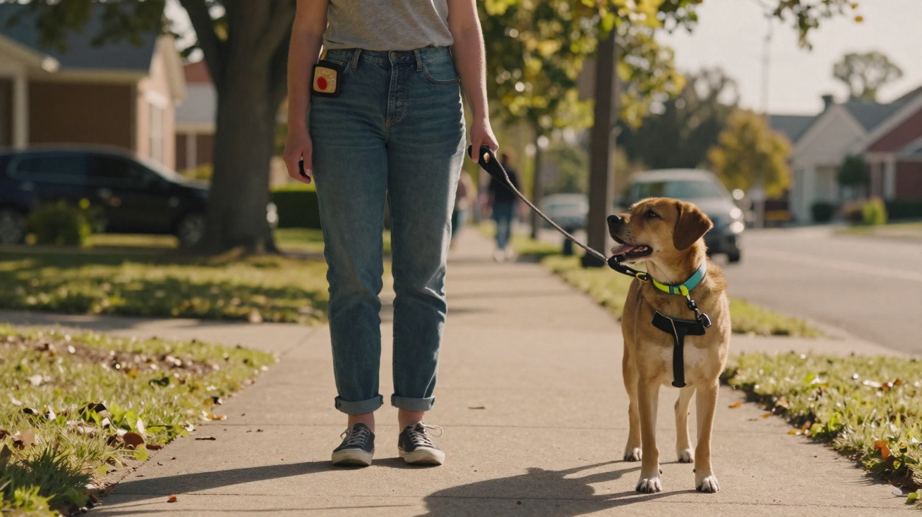 Pessoa de jeans e t-shirt cinzenta a passear com um cão castanho numa calçada suburbana ensolarada.