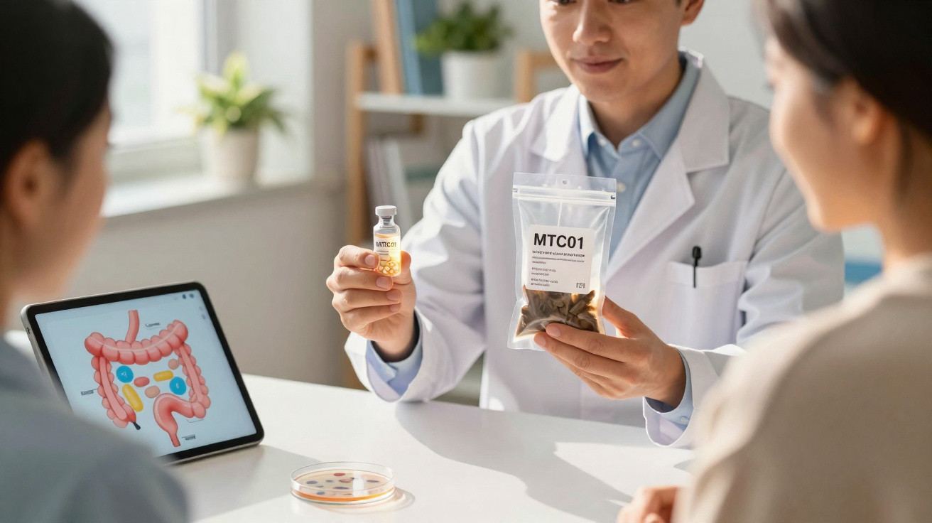 Médico mostra medicamento e suplemento a duas pacientes com ilustração do sistema digestivo num tablet.